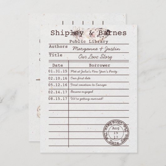 Boho Owl Feather Library Kaart Bewaar de datum | (Voorkant / Achterkant)