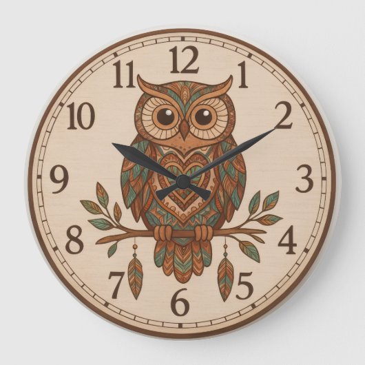 Boho Owl Large Wall Clock Grote Klok (Voorkant)
