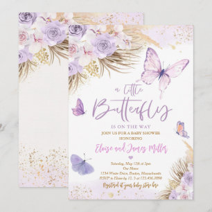 Boho Paars Butterfly Pampas Grass Baby shower Kaart