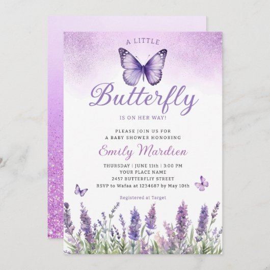 Boho Paars Een Kleine Vlinder Meisje Baby Shower  Kaart (Voorkant / Achterkant)