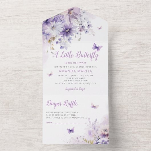 Boho Paars Floral Butterfly Girl Baby shower All In One Uitnodiging (Binnen)