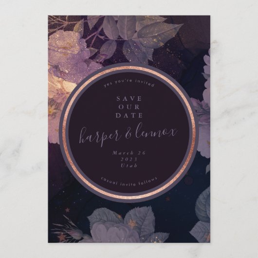 Boho Paars Floral Herfst Roos Gold Foto Save The Date (Voorkant)