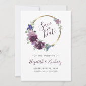 Boho Paars Floral Wreath Gold Lijst Save the Date Kaart (Voorkant)
