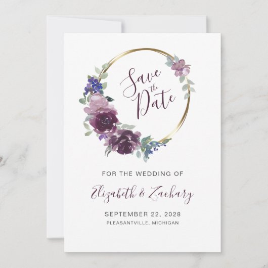 Boho Paars Floral Wreath Gold Lijst Save the Date Kaart (Voorkant)