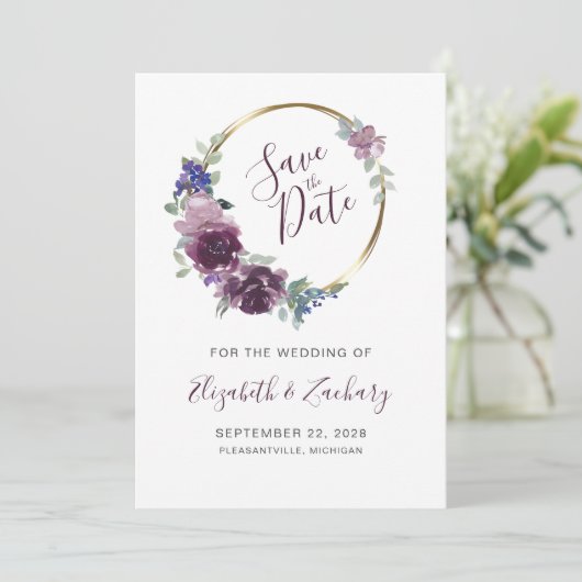 Boho Paars Floral Wreath Gold Lijst Save the Date Kaart (Staand voorkant)