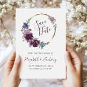 Boho Paars Floral Wreath Gold Lijst Save the Date Kaart