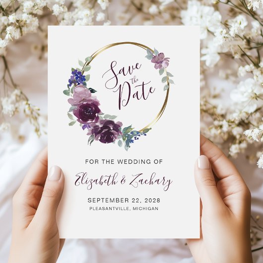 Boho Paars Floral Wreath Gold Lijst Save the Date Kaart