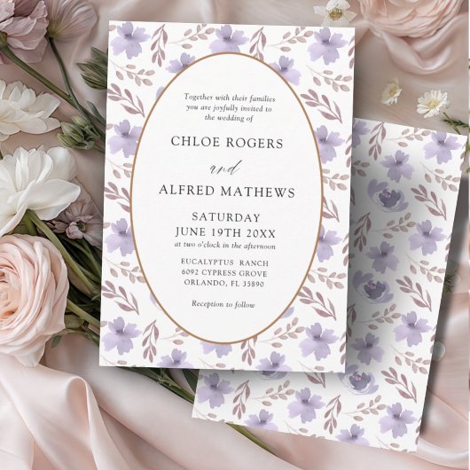 Boho Paars&Goud Bloemmotief Bruiloft Kaart