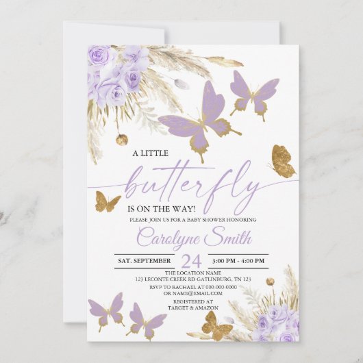 Boho Paars Pampas Grass Butterfly Baby shower Kaart (Voorkant)