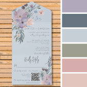 Boho Paars Pink & Blue Floral Blue QR Code All In One Uitnodiging