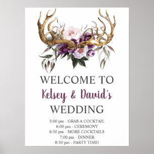 Boho Paars Plum Pink Peonies Weddenschap Details Poster