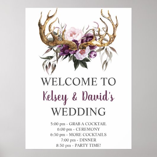 Boho Paars Plum Pink Peonies Weddenschap Details Poster (Voorkant)