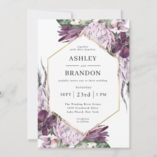 Boho Paars Plum Tropical Botanical Wedding Kaart (Voorkant)