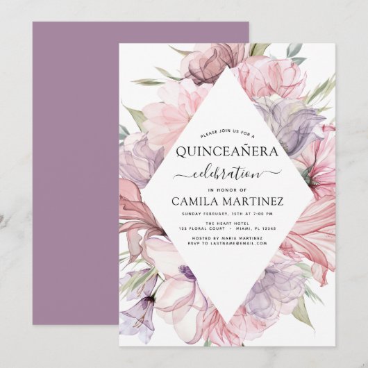 Boho Paars Quinceañera Dusty Pink Floral Invitati Kaart (Voorkant / Achterkant)