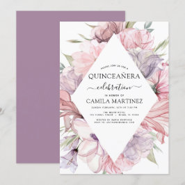 Boho Paars Quinceañera Dusty Pink Floral Invitati Kaart