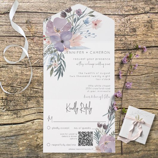 Boho Paars Roze & Blue Floral White QR Code All In One Uitnodiging
