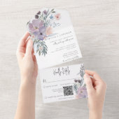 Boho Paars Roze & Blue Floral White QR Code All In One Uitnodiging (Afscheurbaar)