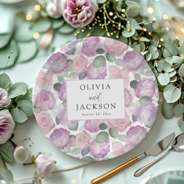 Boho Paars & Roze Waterverf Bloem Bruiloft Papieren Bordje