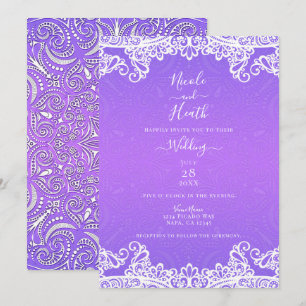 Boho Paars Roze Witte Kant Krachtig Patroon Trouwf Kaart
