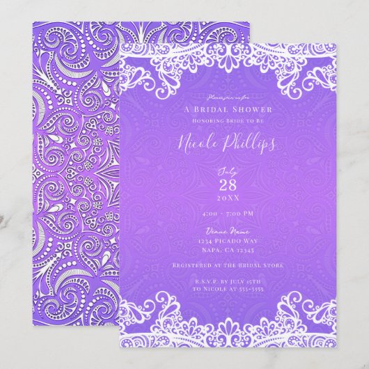 Boho Paars Roze & Witte Kanten Bruidsfeest Kaart (Voorkant / Achterkant)
