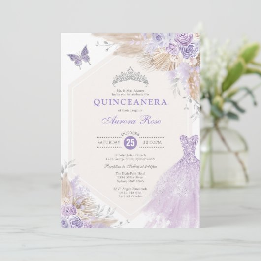 Boho Paars Silver Rozen Quinceañera Mis Quince 15 Kaart (Staand voorkant)