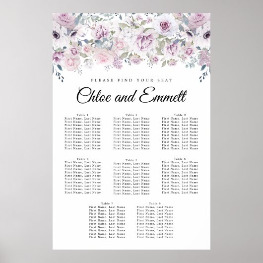 Boho Paars White Floral 8-Table Seating Chart Poster (Voorkant)