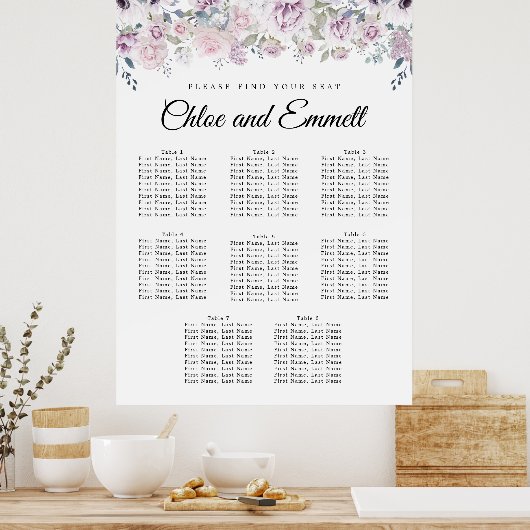 Boho Paars White Floral 8-Table Seating Chart Poster (Keuken)
