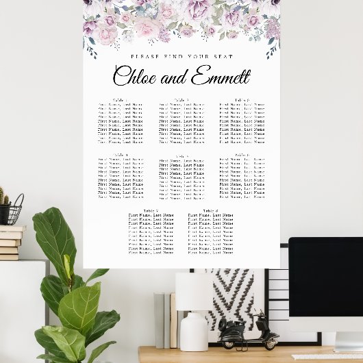 Boho Paars White Floral 8-Table Seating Chart Poster (Thuiskantoor)