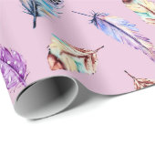 Boho Paarse Blauw Roze Veer Cadeaupapier (Rol Hoek)