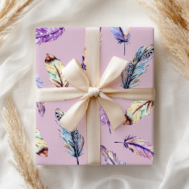 Boho Paarse Blauw Roze Veer Cadeaupapier