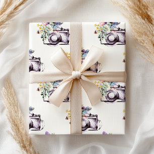 Boho Paarse Blauwe Bloemen Camera Cadeaupapier
