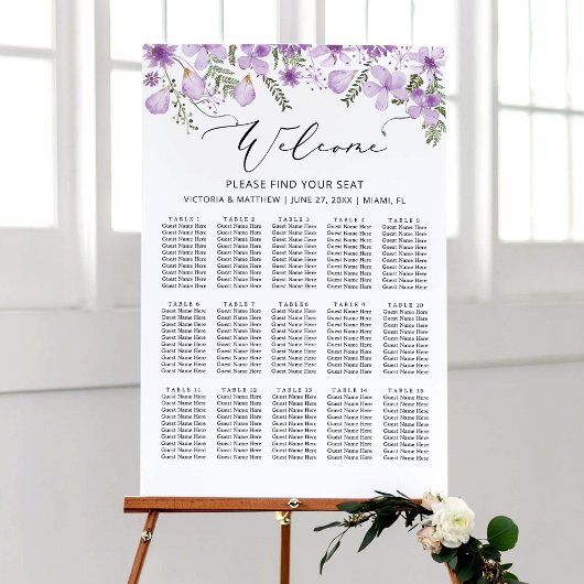Boho Paarse Bloem 15 Tafels Bruiloft Zitkaarten Poster