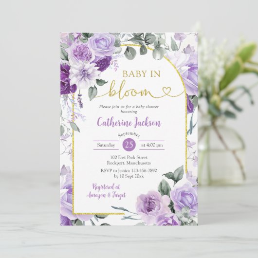 Boho Paarse Bloemen Baby in Bloom Baby shower Kaart (Staand voorkant)