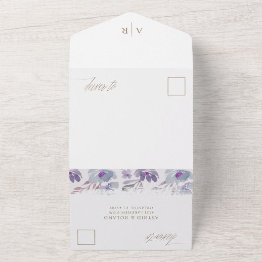 Boho Paarse Bloemen Faux Goud Script Bruiloft All In One Uitnodiging (Buitenkant)