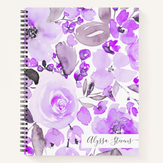 Boho paarse bloemen florale waterverf patroon notitieboek (Voorkant)