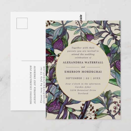 Boho paarse bloemen groen blad huwelijksuitnodigin briefkaart (Voorkant / Achterkant)