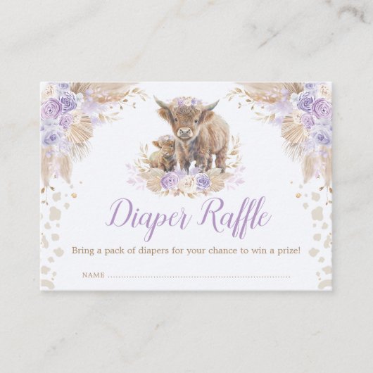 Boho Paarse Bloemen Hoogland Koe Luier Raffle Informatiekaartje (Voorkant)