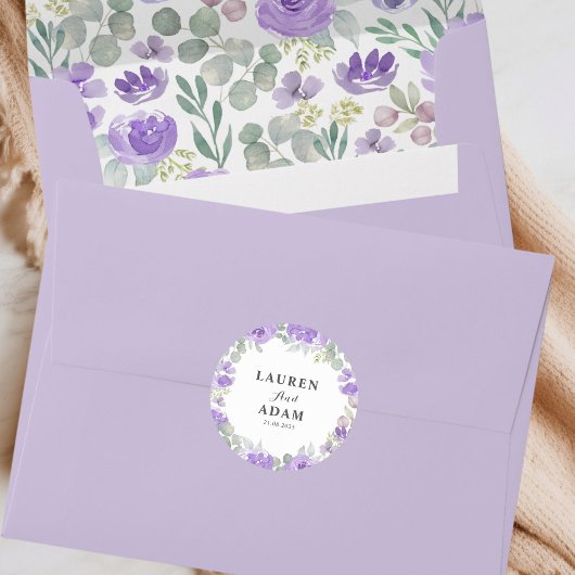 Boho Paarse Bloemen Koppels Namen Trouwen Ronde Sticker