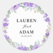 Boho Paarse Bloemen Koppels Namen Trouwen Ronde Sticker (Voorkant)