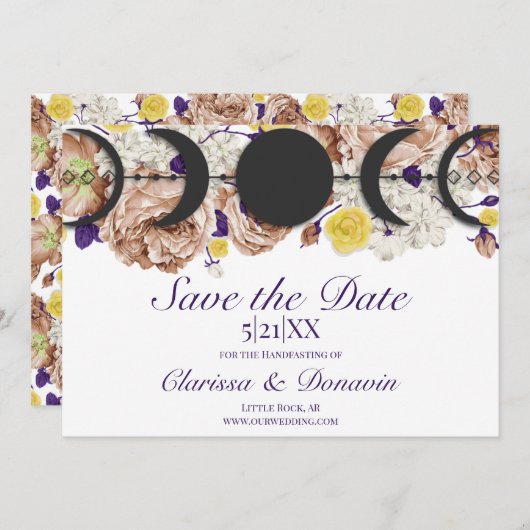 Boho Paarse Bloemen Maan Fase Wiccan Handfasting Save The Date (Voorkant / Achterkant)