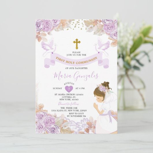 Boho Paarse Bloemen Meisje Eerste Heilige Communie Kaart (Staand voorkant)