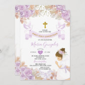 Boho Paarse Bloemen Meisje Eerste Heilige Communie Kaart (Voorkant / Achterkant)