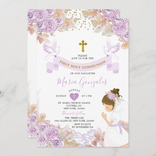 Boho Paarse Bloemen Meisje Eerste Heilige Communie Kaart (Voorkant / Achterkant)