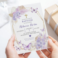 Boho Paarse Bloemen Vlinder Doop Uitnodiging