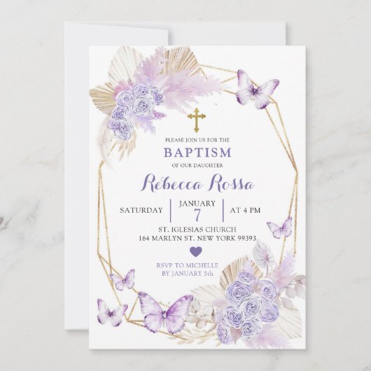 Boho Paarse Bloemen Vlinder Doop Uitnodiging (Voorkant)