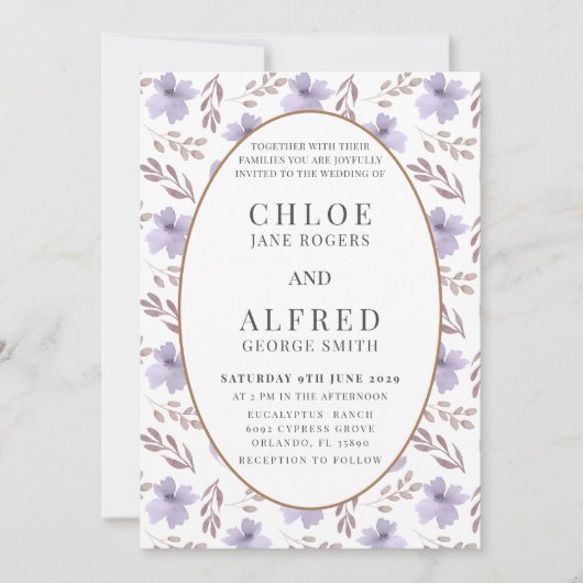 Boho Paarse Bloemen Waterverf Bruiloft Kaart (Voorkant)