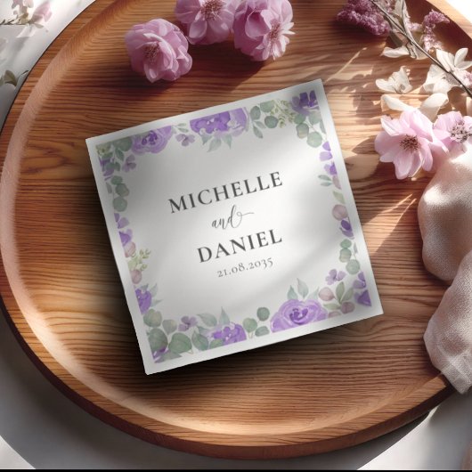 Boho Paarse Bloemen Waterverf Bruiloft Servet