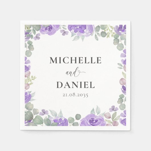 Boho Paarse Bloemen Waterverf Bruiloft Servet (Voorkant)