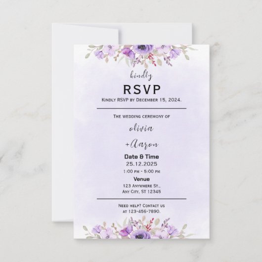 Boho Paarse Bloemen Wedding RSVP Kaarten (Voorkant)