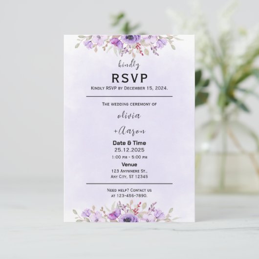 Boho Paarse Bloemen Wedding RSVP Kaarten Kaartje (Staand voorkant)